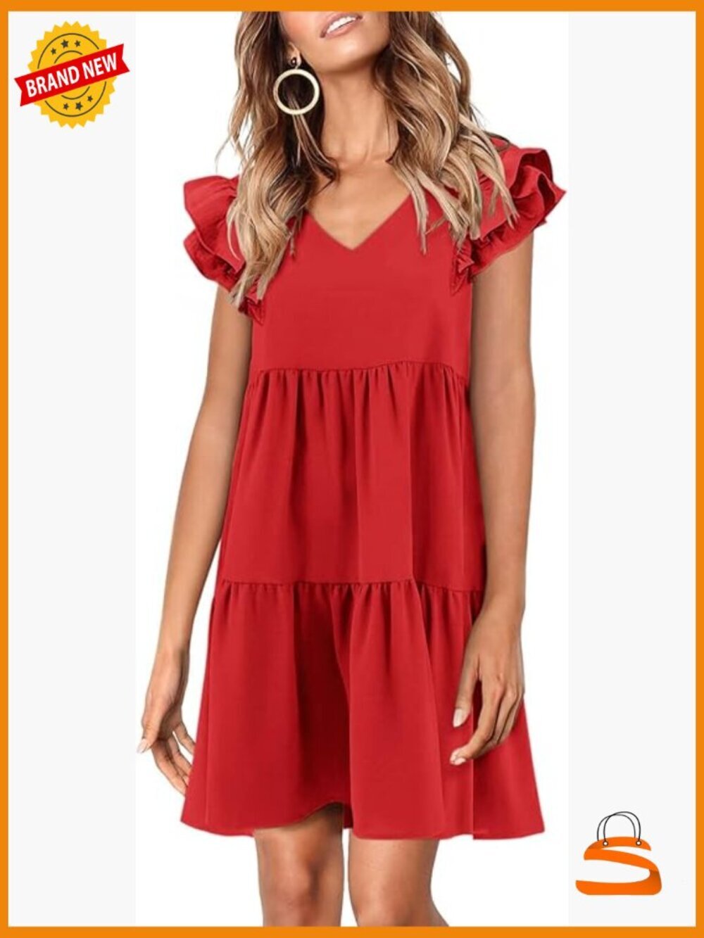 Women's Babydoll Dress Ruffle Cap Sleeve V-Neck Flowy Swing Mini Sundress